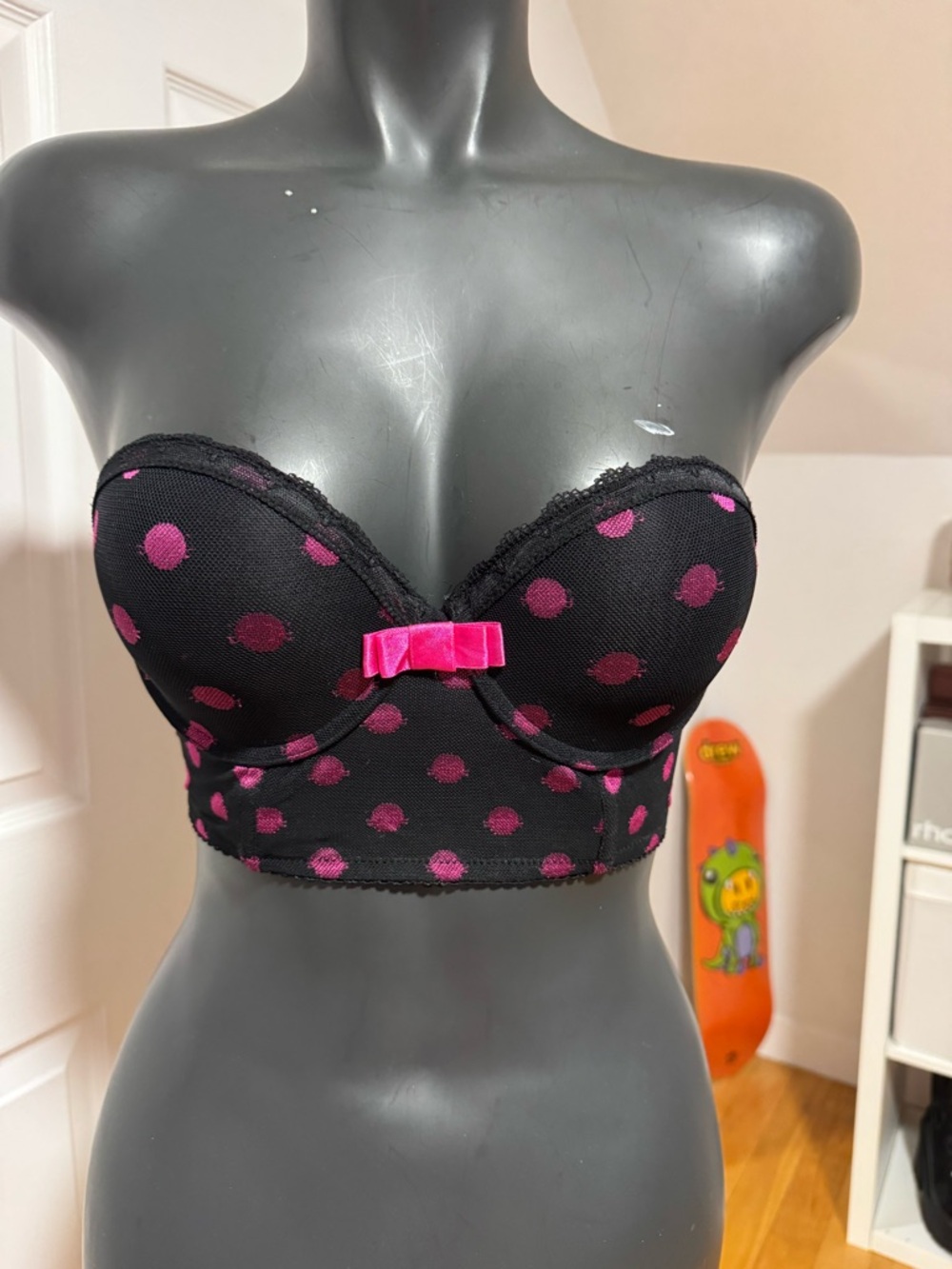 Polka Dot Longline Strapless Bra - Black & Hot Pink